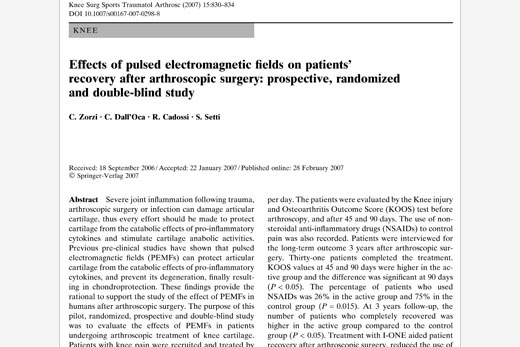 Pulzné elektromagnetické polia po artroskopii kolena zrýchľujú zotavenie a znižujú spotrebu NSAID (randomizovaná dvojito zaslepená štúdia)